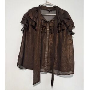 Ups & Downs Women's 1X Bronze Metallic Sheer Ruffle Sleeve Tie Neck Blouse 1516